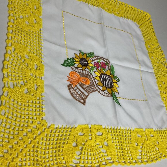 Handcrafted White Fabric Table Topper With Yellow Crochet Lace & Sunflower - Picture 2 of 5